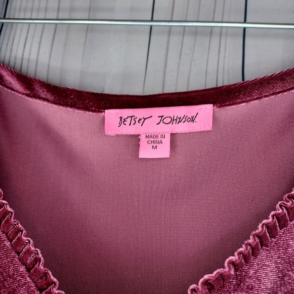 Betsey Johnson V-neck Mini Velvet Long Sleeve Dress in Burgundy - Picture 6 of 13